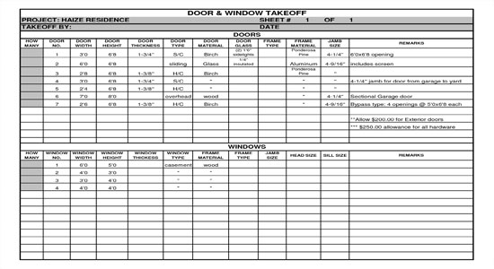 Download Door And Window Takeoff Sheets - Engineering Feed